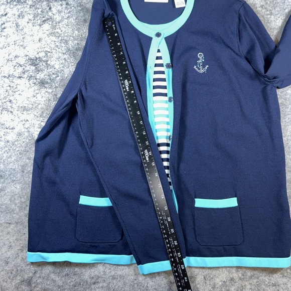 Alfred Dunner Layered Blouse Women's XL Navy Blue Beaded Anchor‎ Nautical Cruise - Picture 5 of 8